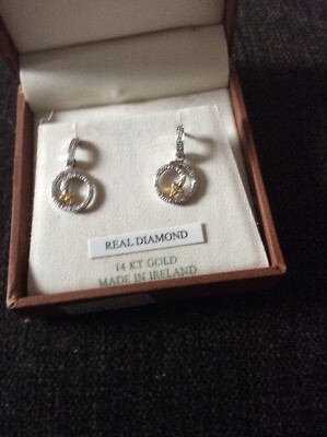 White & Yellow Gold Diamond Trinity Earrings 14K Made Ireland