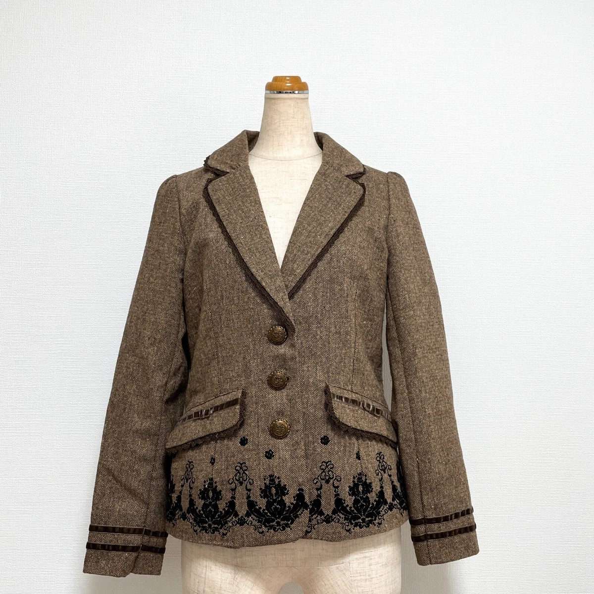 axes femme Japan Tweed Blazer Jacket Size M Brown Floral Lolita Kawaii Jfashion