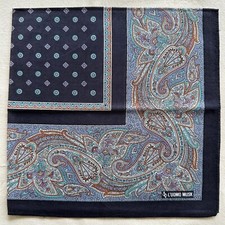 Mens Handkerchief Vintage Navy Cotton Geometric Border Paisley Pocket Square 18"