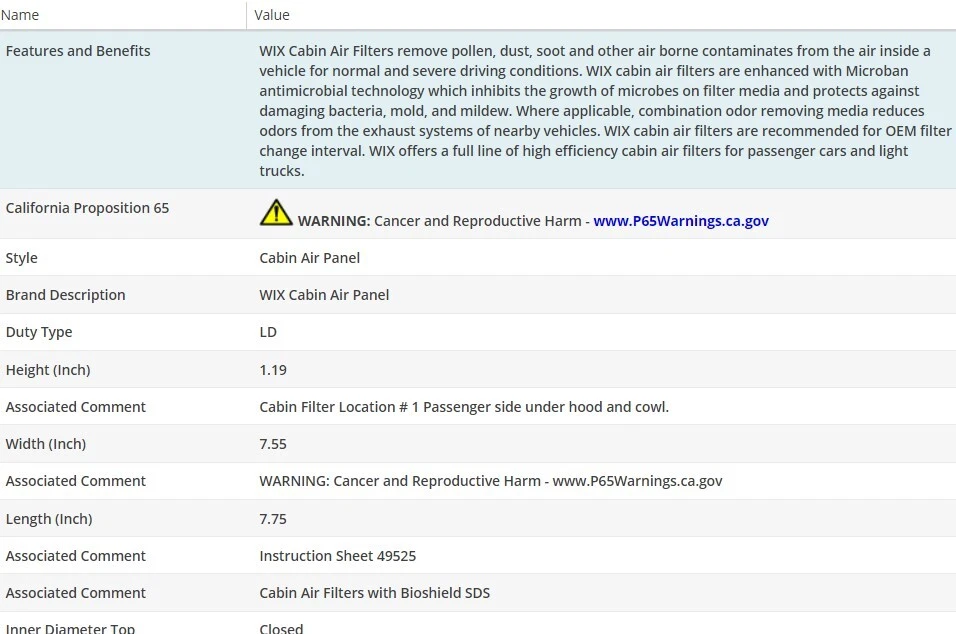 FILTRO DE AIRE DE CABINA OEM WIX para JAGUAR XF 2013-2015 V6-3,0 L Foto 2 de 3