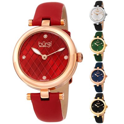 Women's Burgi BUR196 Diamond Markers Argyle Pattern Dial Leather Strap Watch