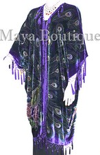 Maya Kimono Opera Coat Duster Beaded Silk Burnout Velvet Peacock Purple PLUS
