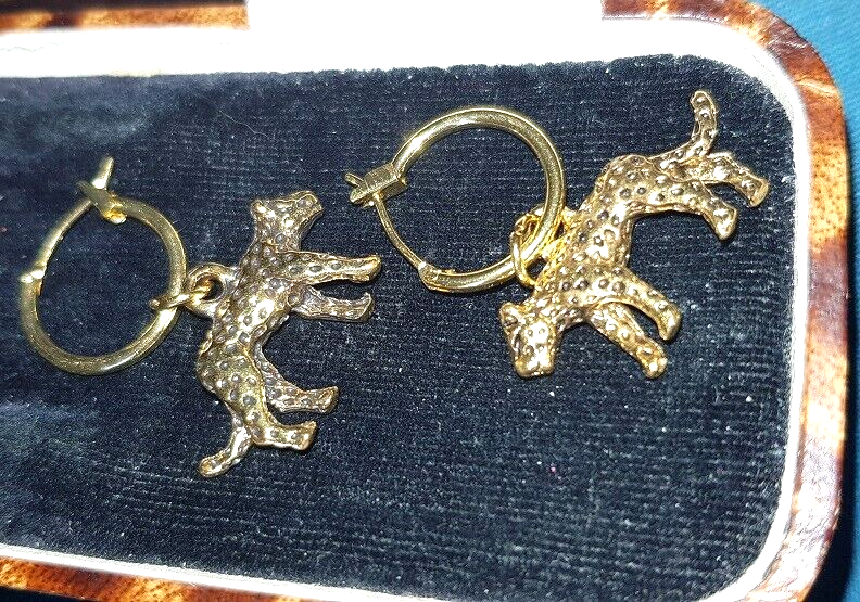 ❤️ 9ct Gold Leopard Cat Earrings 30 mm Drop Gold Filled Vintage Design ❤️UK