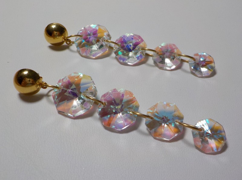 Vintage Gold Tone And AB Acrylic Dangle Earrings. 3” X 7/8”.