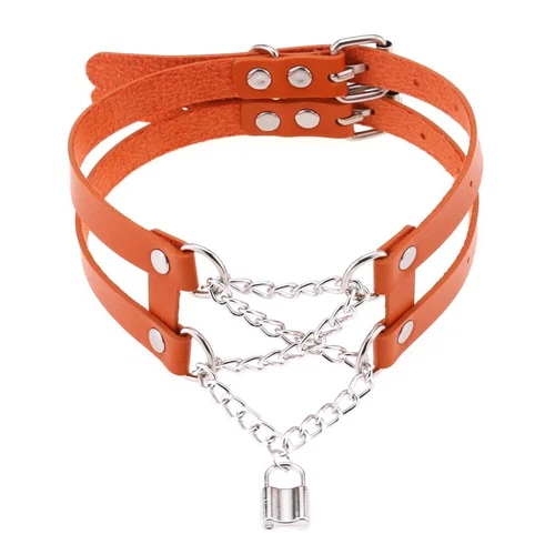 Double Belt Punk Choker with Cross Chain Lock Pendant Gothic Collar - Picture 28 of 37