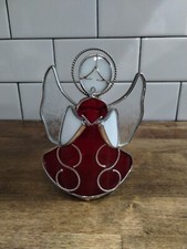Vintage Christmas Stained Glass Angel Singing Votive Candle Holder Red Silver