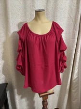 Catherine Malandrino Red Sheer Blouse with Rauched Sleeves, 3X, NWT