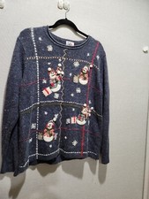 Vtg Ugly Women's Christmas Pullover Sweater Blue Snowmen Angora Holiday Sz Med