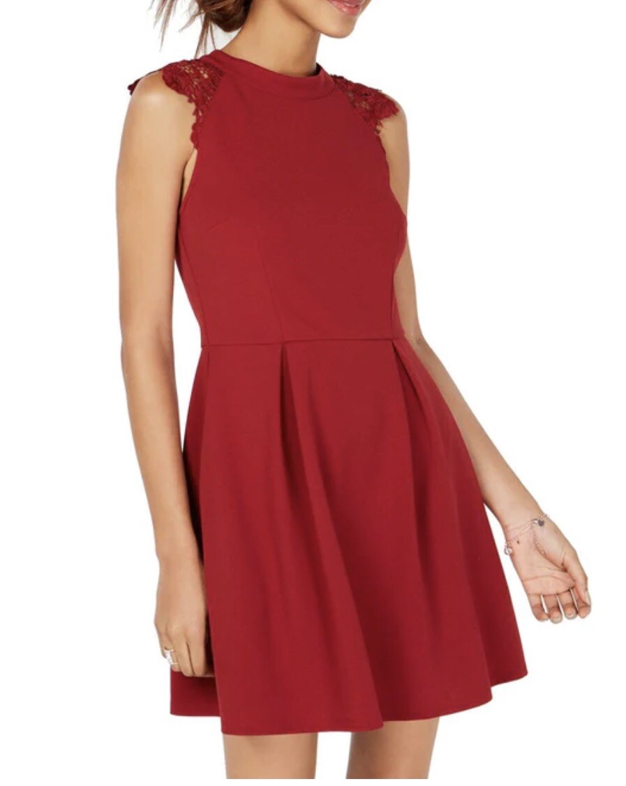Speechless Womens Crochet Trim Pleated Fit & Flare Dress Red XS