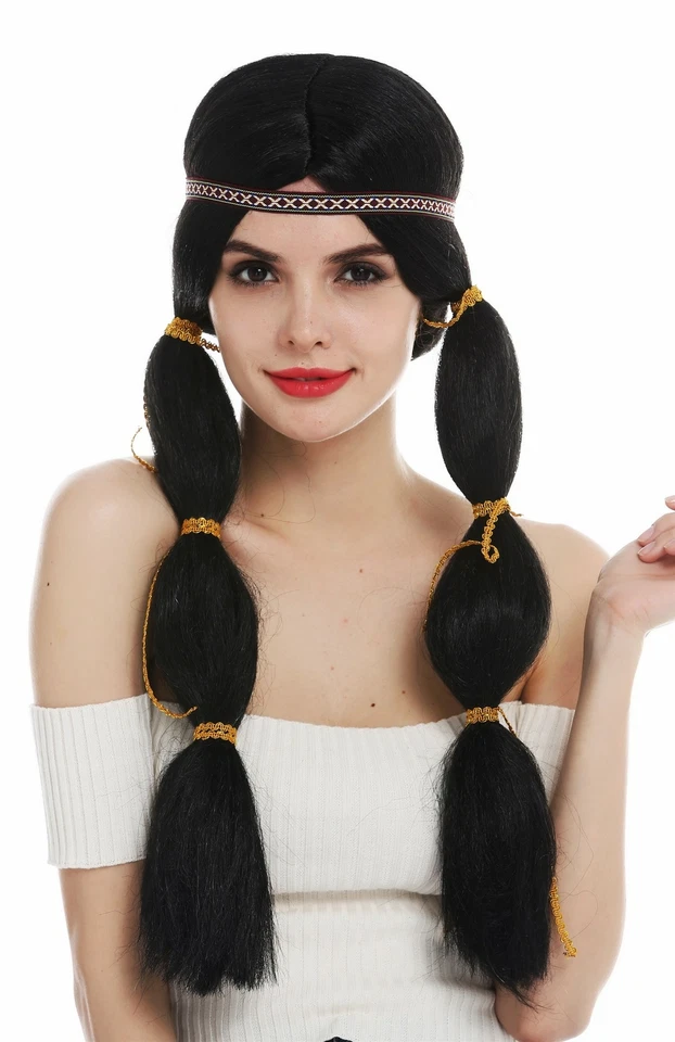 Perücke Damen Karneval lang Indianerin Indianer-Frau Zöpfe schwarz Stirnband - Bild 2 von 4