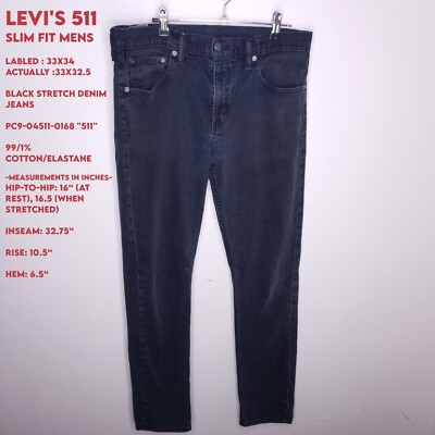 Levi's 511 Slim Fit Mens 33x32.5 Black Stretch Denim Jeans PC9-04511-0168 ''511''