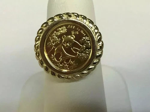 14K Yellow Gold Plated CHINESE PANDA BEAR COIN Beauty Vintage Wedding Ring