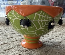 Target Halloween Ceramic Candy Serving Bowl Dangling Spiders Webs Green Orange