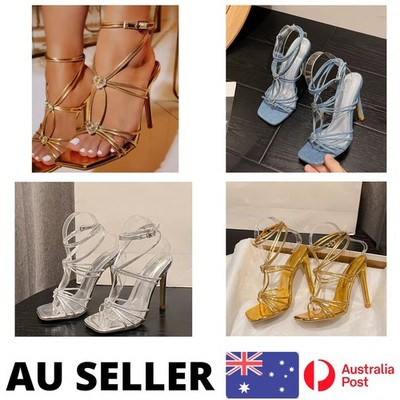 Golden Bridal Heels Stiletto Sandals Party Wedding Evening Shoes AU Stock
