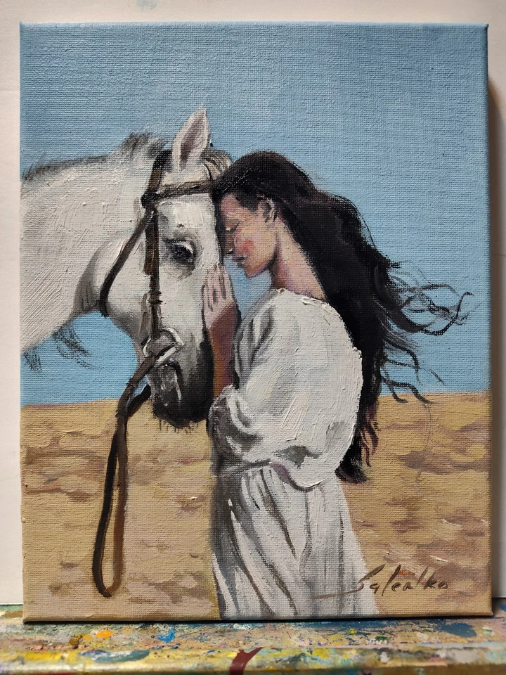 Pintura al óleo original 8"10" arte contemporáneo, realismo, figurativo, mujer, caballo Foto 3 de 4