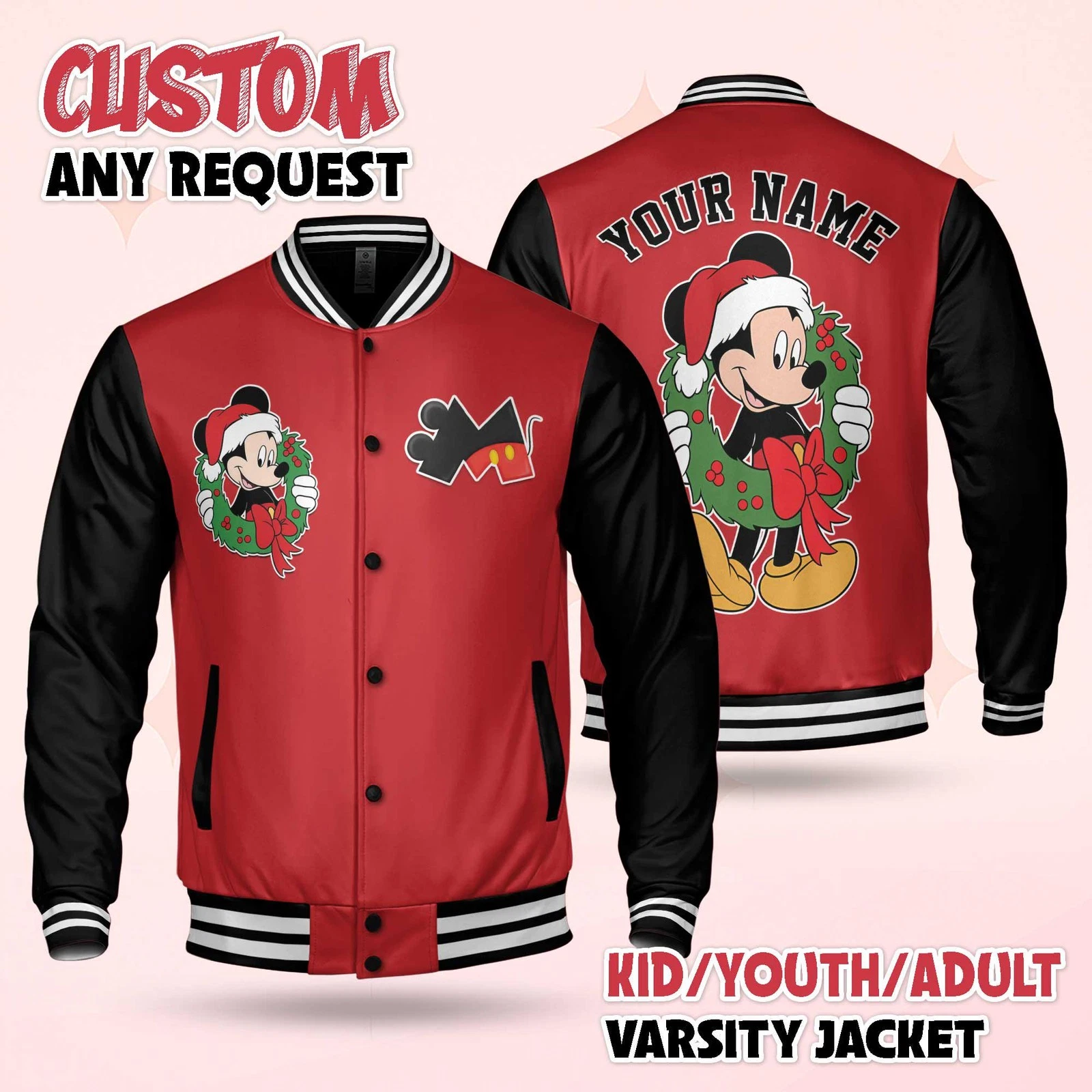 Personalized Cute Mickey Santa Hat Christmas Wreath Merry Xmas Baseball Jacket