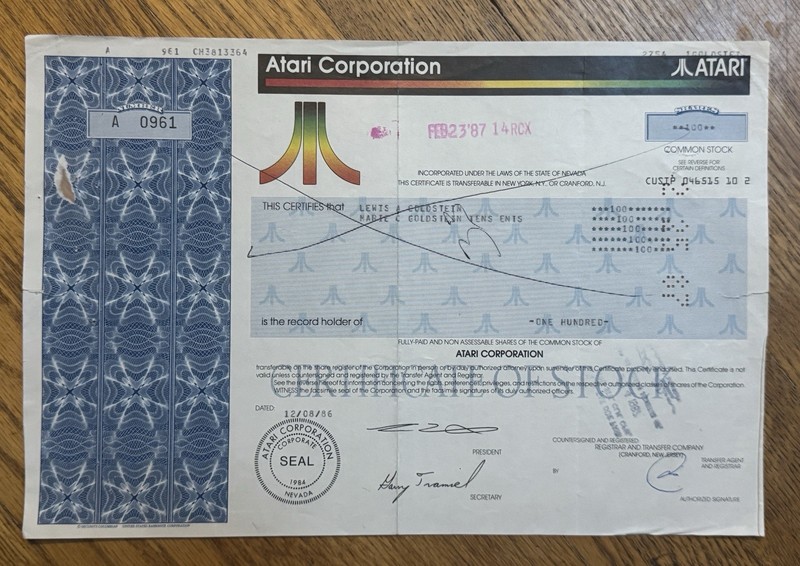 1986 Atari Corporation Stock Certificate Nevada Goldstein Owned 100 Shares