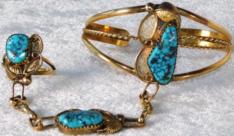 Vintage Navajo Turquoise 12k Gold Filled Sterling Silver Slave Bracelet Ring