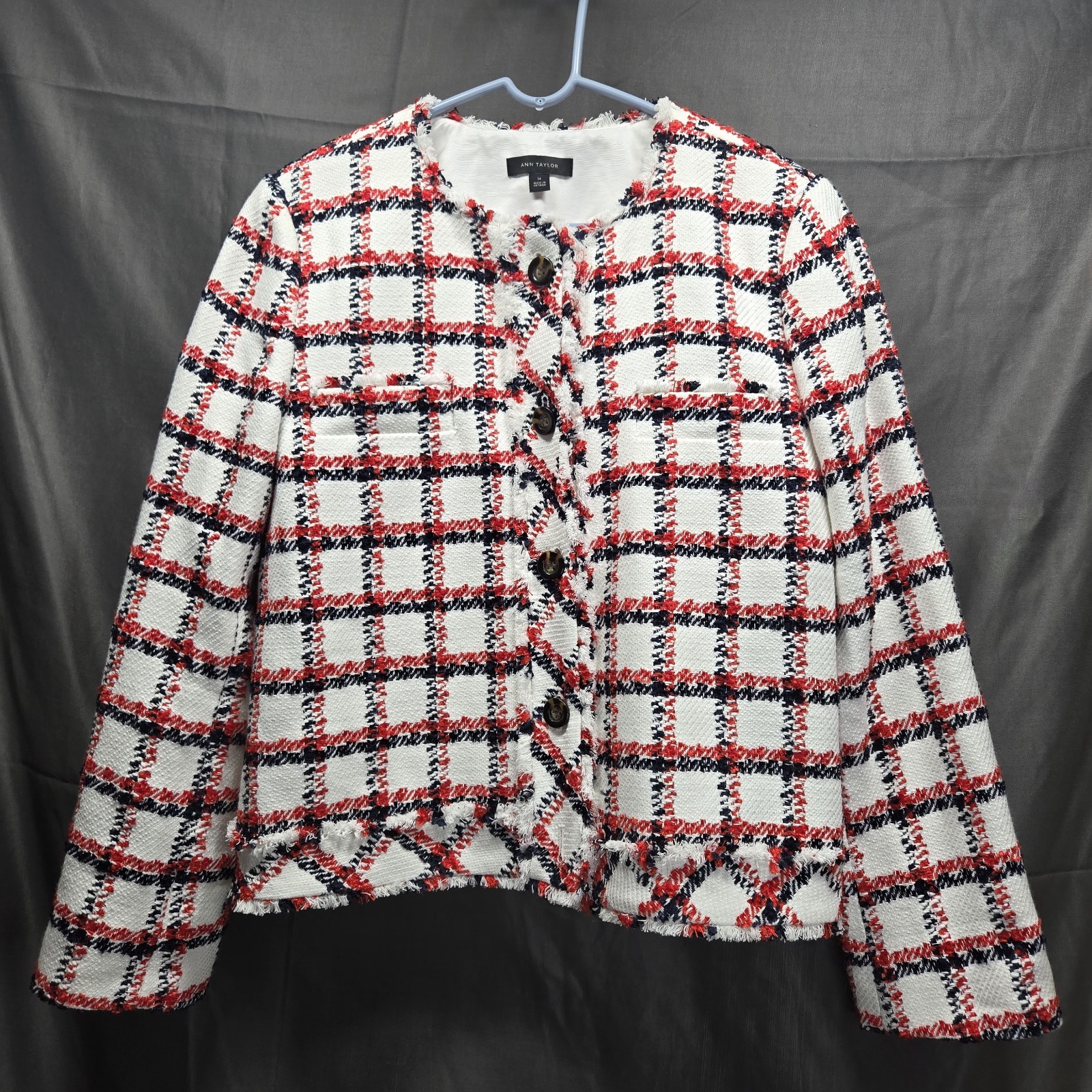 NEW! Ann Taylor Tweed Boucle Red/White Blazer Fringe Buttons Women's Size 14