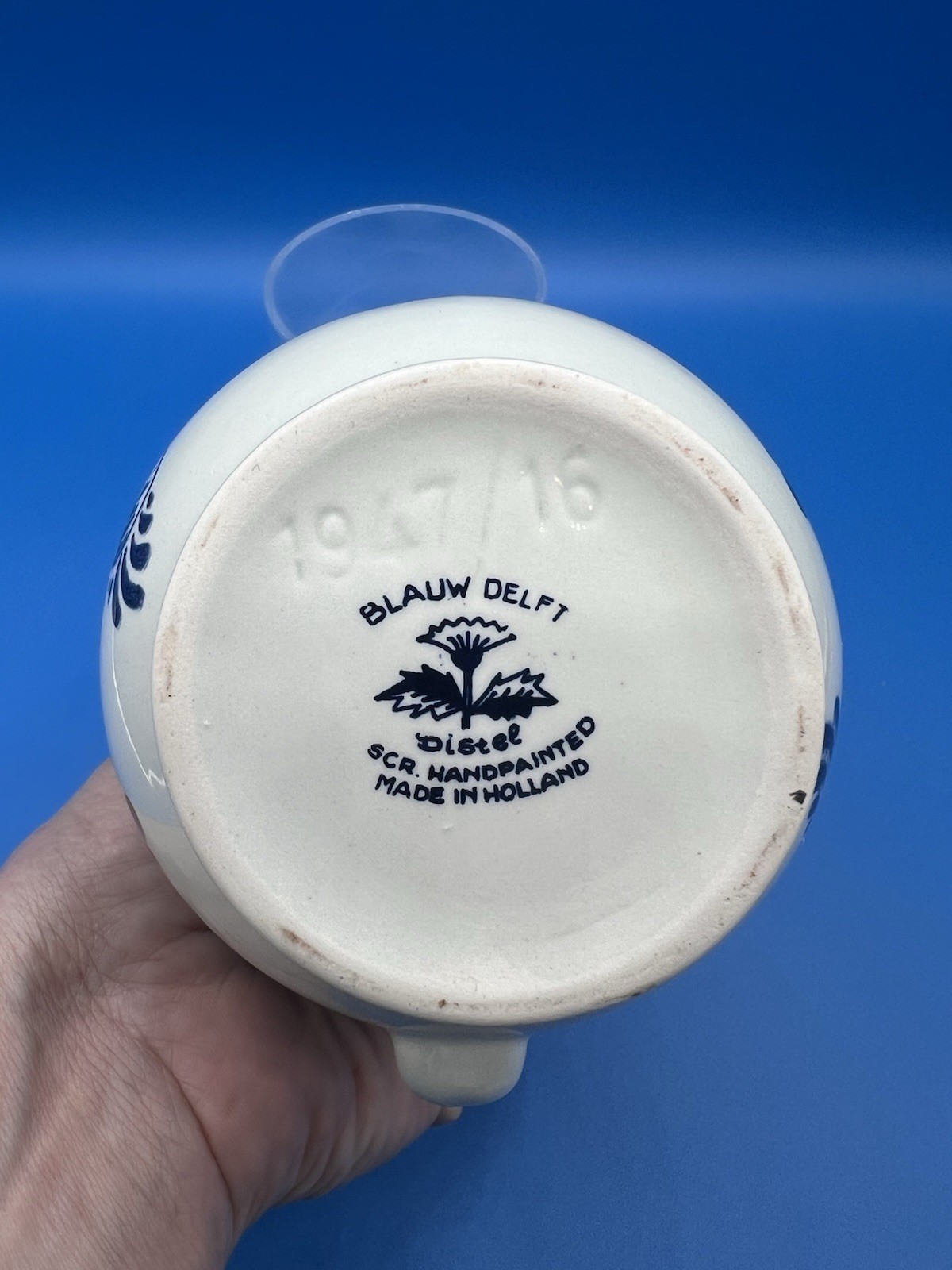 VTG.  Blauw Delfts Distel Pitcher /Creamer Made In Holland Blue White Floral 6"