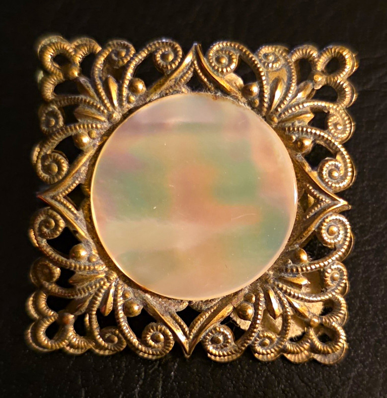 Vintage West Germany Square Filigree Mother of Pearl Brooch Pin 1950s- Signed