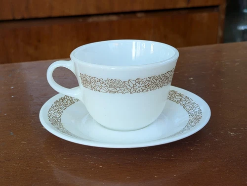 Pyrex Woodland Brown Milk Glass Coffee Cup & Corelle Saucer