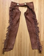 Vintage Brown Suede Chaps w/ Fringe & Silver Concho, Adjustable Waist 36”-42”,