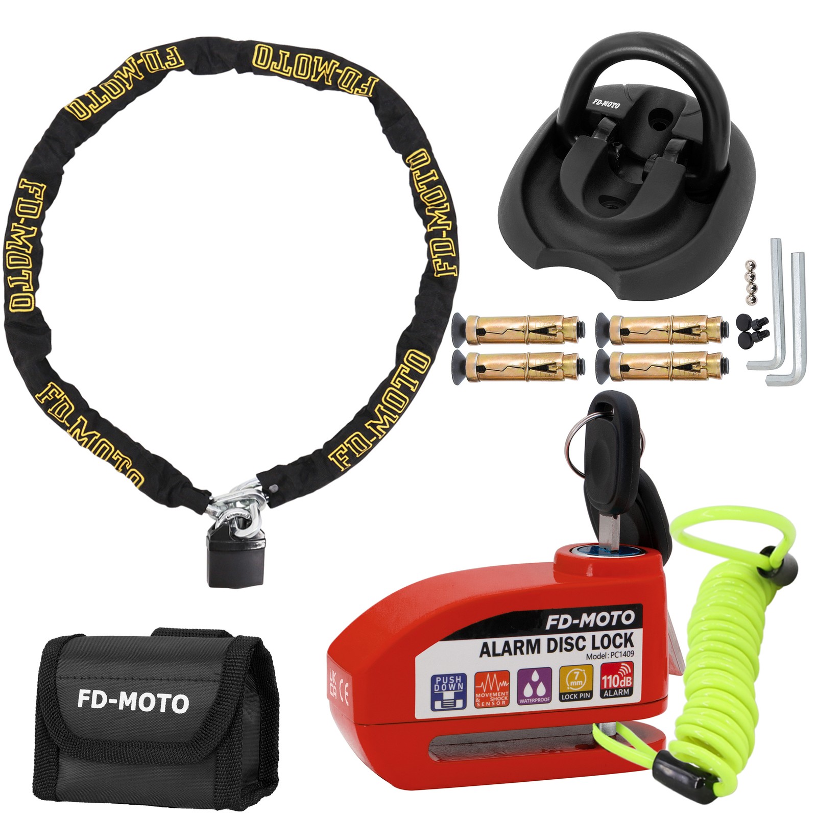 FD-MOTO Red CE Disc Lock & 1.8M*10mm Motorcycle Chain Lock Padlock Wall Anchor