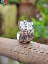 925 Sterling Silver Band Ring 14mm Wide Cut Waive Designer Spinner Band Ring