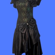 Vtg. 80s Prom Dress Statement Party Prom Goth Poufy Slv Big Bow Satin Lace S 5/6