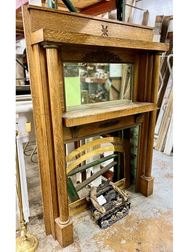 Quarter Sawn Oak Veneer Mantel with Beveled Mirror Overmantel, 60"W x 83"H