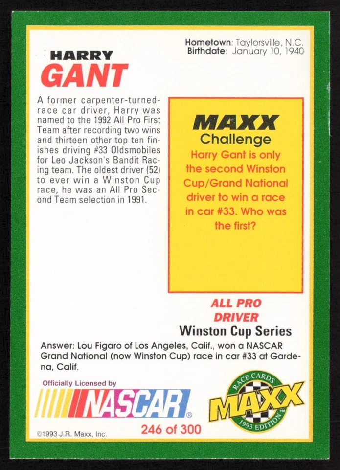 1993 Maxx Harry Gant #246 Leo Jackson Motorsports - Image 2 of 2