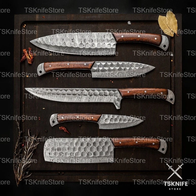 Custom Hand-Forged Damascus Steel Chef Knife Set, 5 Piece Luxury Kitchen Knives