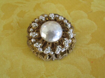 Miriam Haskell Signed Brooch Faux Seed Pearls Ornate Gold Color Vintage Round