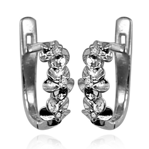 For child for little girls 14k Solid White Gold Flower Diamond Earrings #E1664..