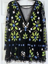 Free People Black Embroidered Floral Mesh Lace Dress with scalloped hem - XS