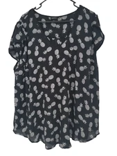 Torrid Size 3 Womens Top Black Georgette Tulip Sleeve Pineapple Print Blouse