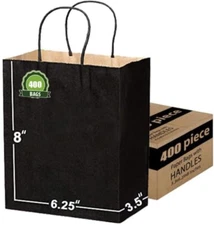 [400 Pcs]-8x6.25x3.5 Black Paper Bags With Handles Bulk .