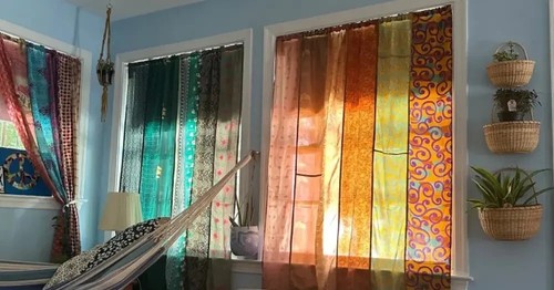 2 Pc Indian Old Recycle Silk Saree Boho Multi Curtain Door Drape Decor Curtain - Picture 6 of 7