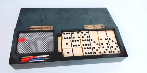 Vintage Dominosteine und Cribbage Spiel mit schwarzem Bakelit Etui