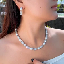Lady Bridal Pearl Drop Earrings Tennis Necklace Silver Plated Zircon Jewelry Set