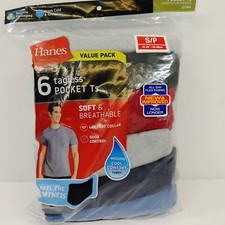 Hanes 6 Tagless Pocket T-Shirts S 34-36 Blue Red Gray Moisture Wicking