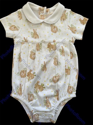 Baby Club Chic (Peru) NWT White/Tan  Adorable Bunnies  Pima Bubble-3-6Mos