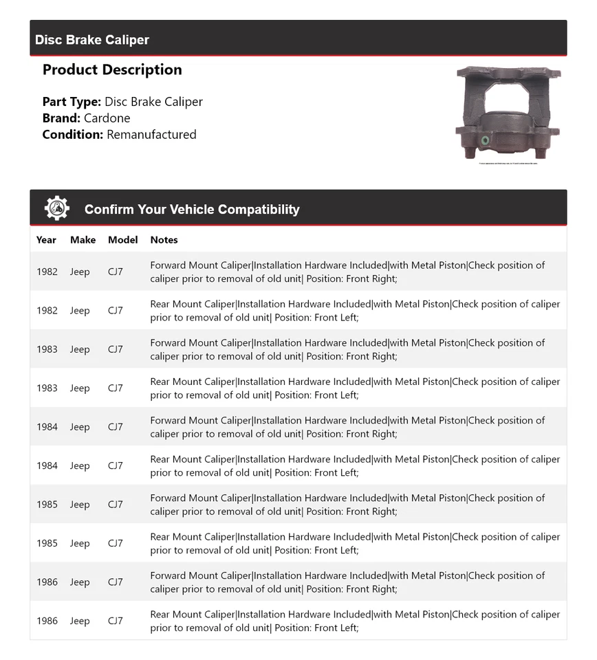 Pinza de freno de disco Cardone 1983 1984 1985 para Jeep CJ7 1982-1986 Foto 2 de 4