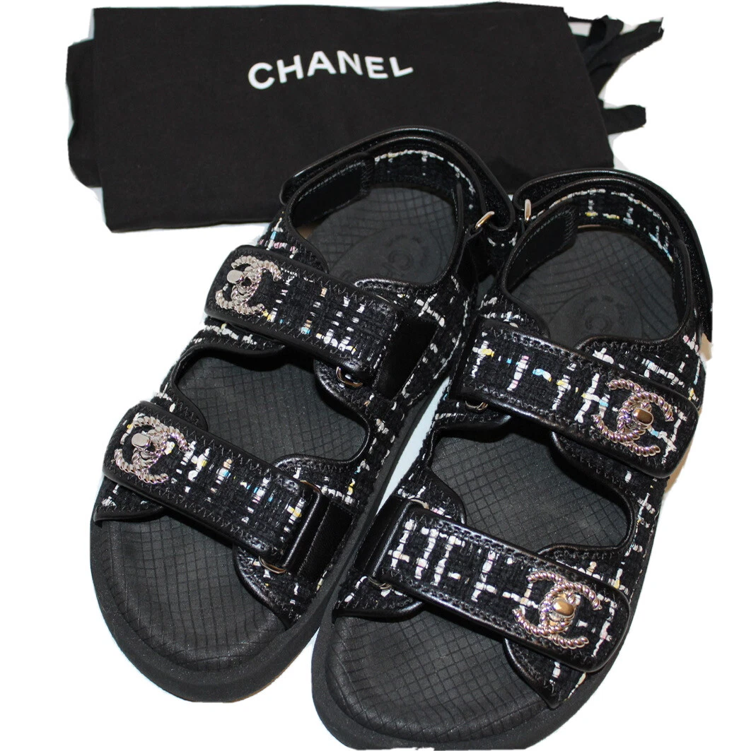 CHANEL, Shoes, Authentic Rare Chanel Dad Sandals 375 Tweed Blackbluewhite  Led Velcro Glowing