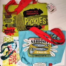 Trader Joe's Lot Of 3 Classic Reusable Bags Pickles Sardines Shopping Tote