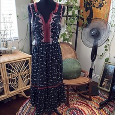 Ulla Johnson Leena Navy Floral Embroidered Silk Midi Maxi Dress