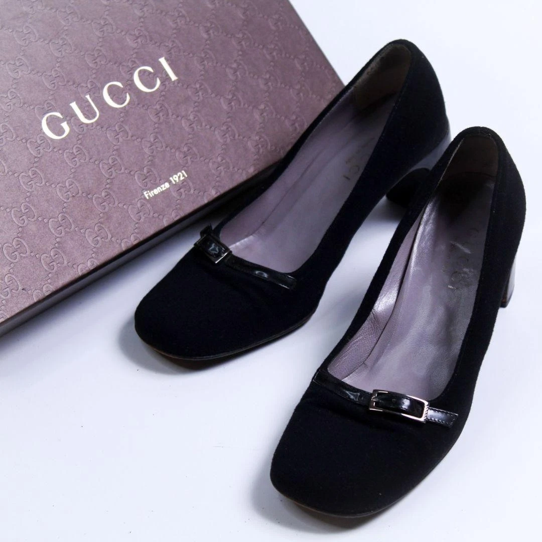 Auth GUCCI Escarpins à Talon Carré Noir Ceinture Logo Taille36 US6 Cuir Femme