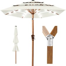 3-Tier Woodgrain Solar Patio Umbrella, Tilt Adjustment, 10ft, White New, Outdoor