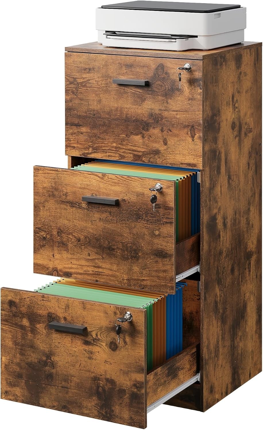3 Drawer Wood File Cabinet Home Office Fits Letter & A4 Size Wooden Filing